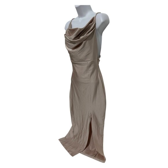 Glare Womens Size M Cowl Neck Beige Midi Slip Dress Bodycon Backless Formal - Picture 4 of 12